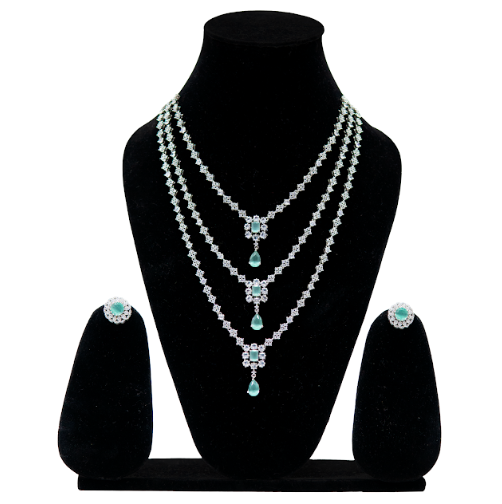 Layered Crystal Bridal Necklace Set with Mint Green Drops